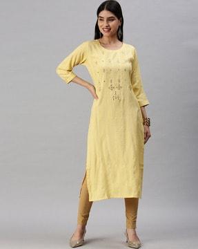 striped round-neck straight kurta