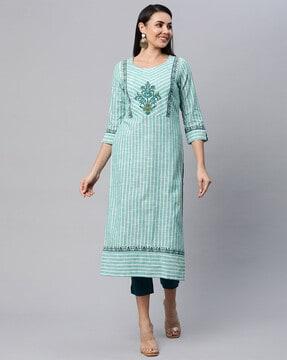 striped round-neck straight kurta