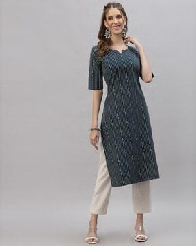 striped round-neck straight kurta