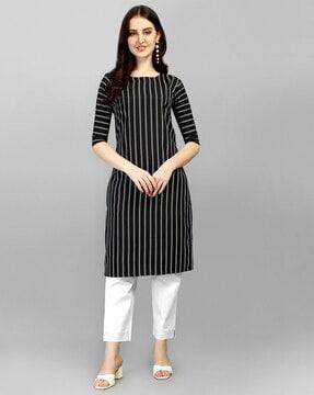 striped round-neck straight kurta