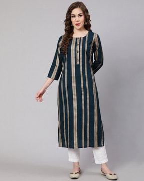 striped round-neck straight kurta