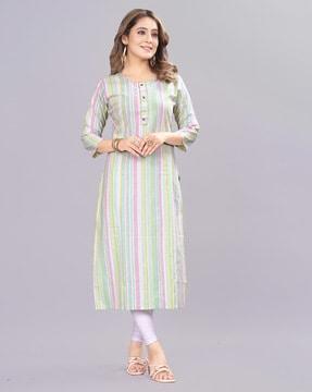 striped round-neck straight kurta