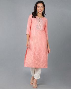 striped round-neck straight kurta