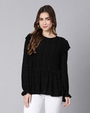 striped round-neck top with bishop sleeves