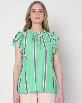 striped round-neck top with neck tie-up