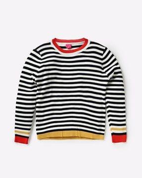 striped round-neck top with ribbed hem