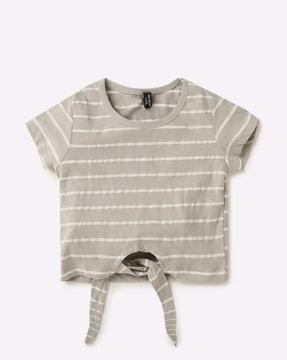 striped round-neck top with tie-up