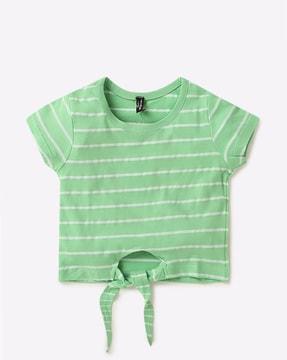 striped round-neck top with tie-up