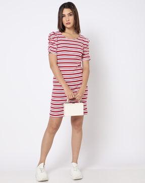 striped ruched sleeve bodycon dress