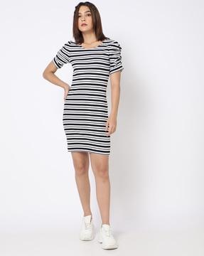 striped ruched sleeve bodycon dress