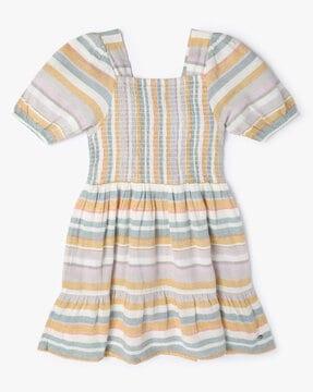 striped ruched tiered dress