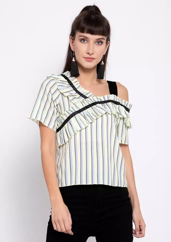 striped ruffle short sleeve top