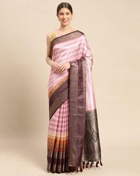 striped saree with contrast border & tassels