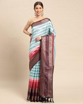 striped saree with contrast border & tassels