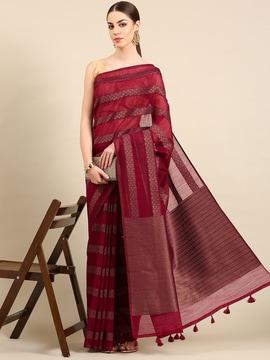 striped saree with contrast border and tassels