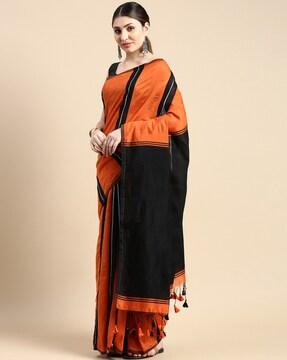 striped saree with contrast pallu & tassels