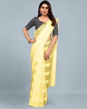 striped saree with embellished blouse piece