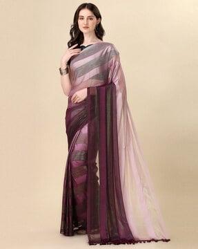 striped saree with fringed pallu