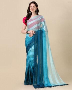 striped saree with fringed pallu