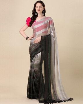 striped saree with fringed pallu