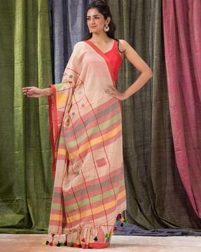 striped saree with tassels