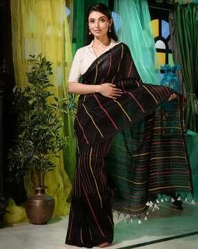 striped saree with tassels