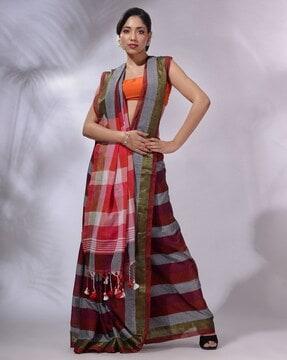 striped saree with tassels