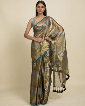 striped saree with tassels