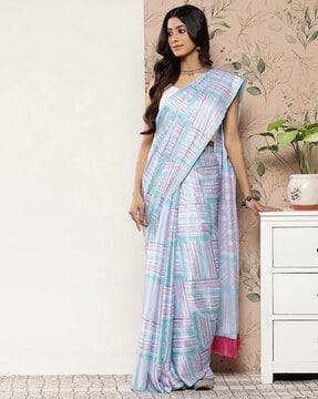 striped satin saree with tassels