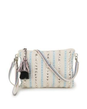 striped sequined cotton corduroy & leatherette sling bag
