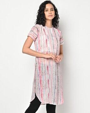 striped sheer tunic with curved hemline