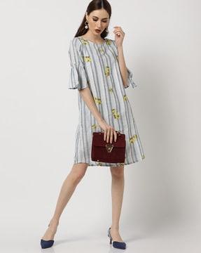 striped shift dress with placement floral embroidered motifs