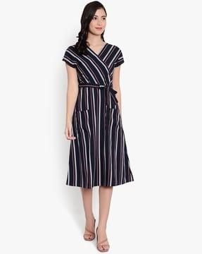 striped shift dress with tie-up