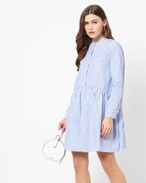 striped shirt dress with band collar