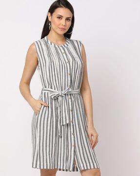 striped shirt dress with waist tie-up