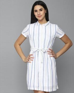 striped shirt dress with waist tie-up