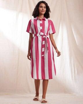 striped shirt dress with waist tie-up