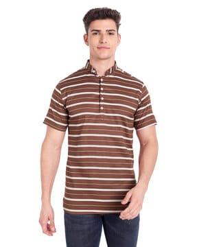 striped shirt kurta with band collar