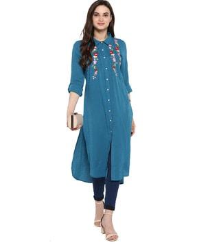 striped shirt kurta with floral embroidery