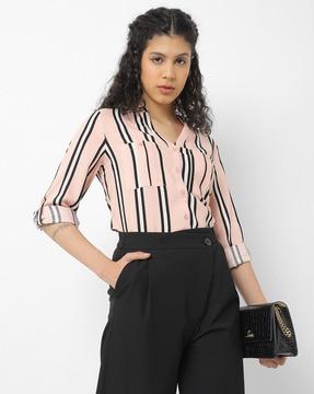 striped shirt top with patch pockets