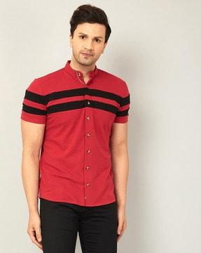 striped shirt with band collar