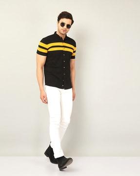 striped shirt with mandarin collar