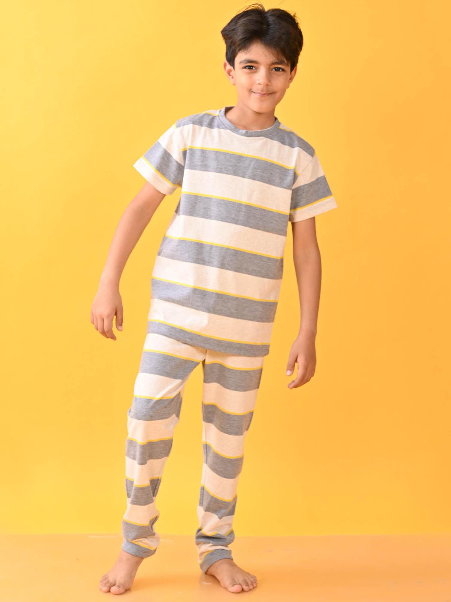 striped short sleeves t-shirt & boys pyjama grey (set of 2)