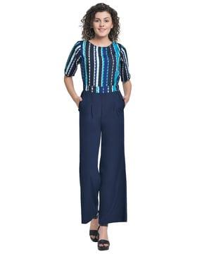 striped single-pleated jumpsuit with insert pockets