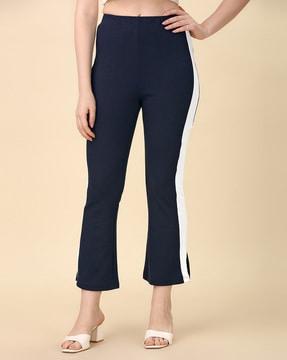 striped skinny fit pants with mid rise waist