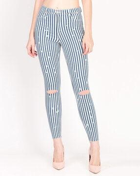 striped skinny jeans with distress