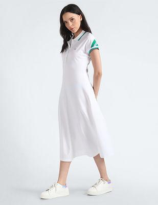 striped sleeve flared polo dress