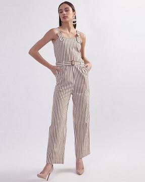 striped sleeveless jumpsuit with insert pockets