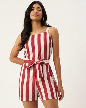 striped sleeveless playsuit with tie-up