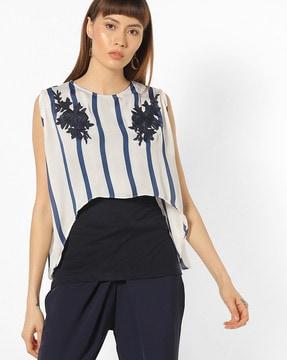 striped sleeveless top with floral embroidery